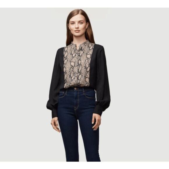 NEW! FRAME Silk Colorblock Blouse Noir Multi Python Print Button Up Size Small - Picture 1 of 12